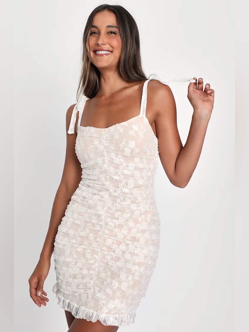 Lulus NWT White Lace Ruched Bodycon Mini Dress Tie Straps Floral Mesh XL
